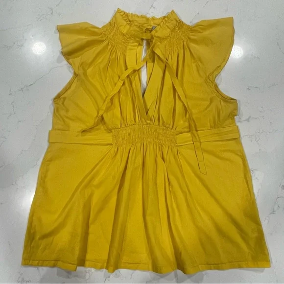 B & Lu Yellow Flutter Cap Sleeve Cotton Shirt with Smocked Detail and Ties 3XL - Picture 1 of 13